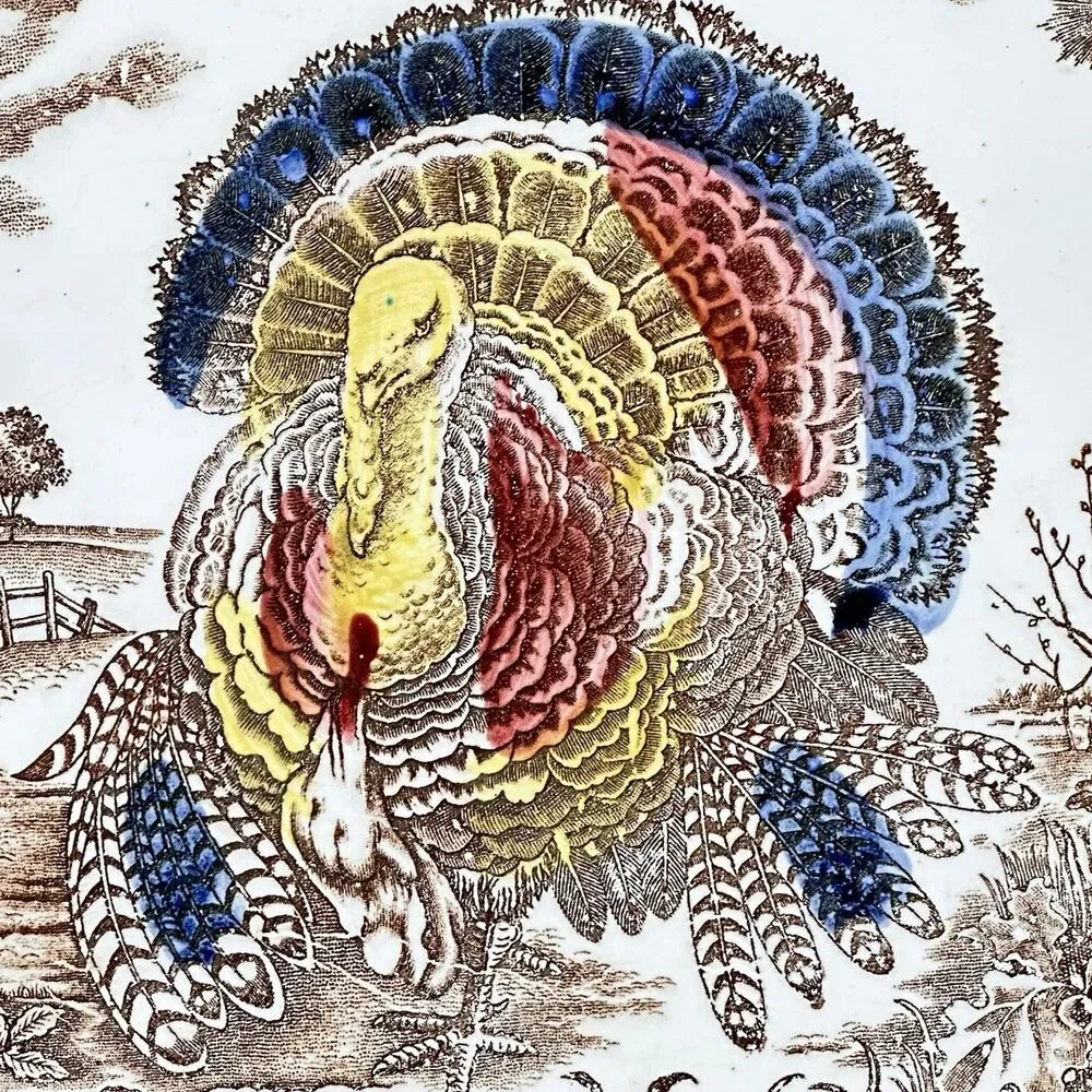Vintage Japan Turkey Oval Platter Brown Transferware Thanksgiving Holiday 18”